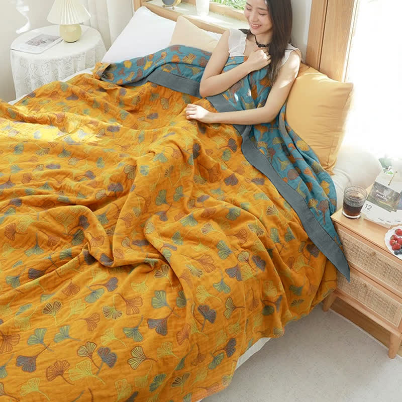 Coperta reversibile in cotone con motivo a foglie di ginkgo per camera da letto