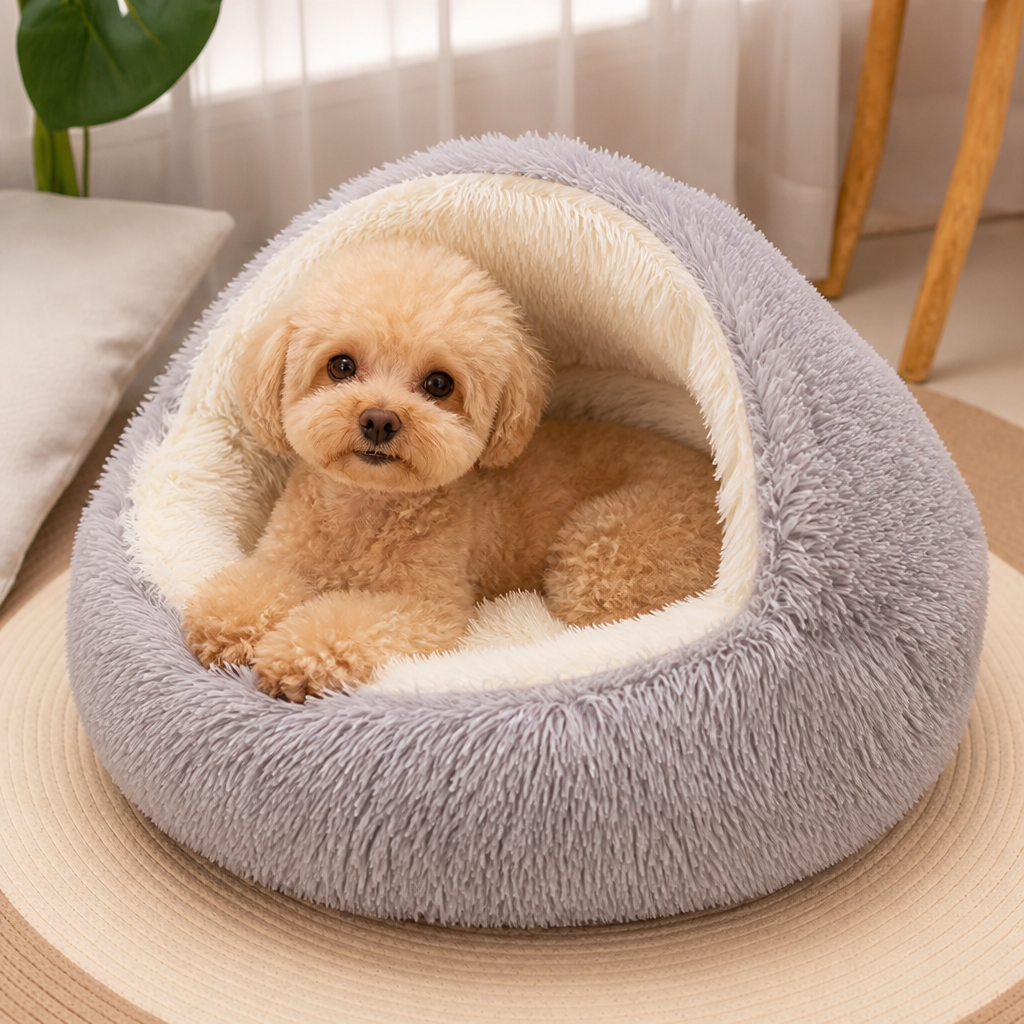 Cuccia semi-chiusa in peluche per animali domestici (cuscino rimovibile e lavabile)