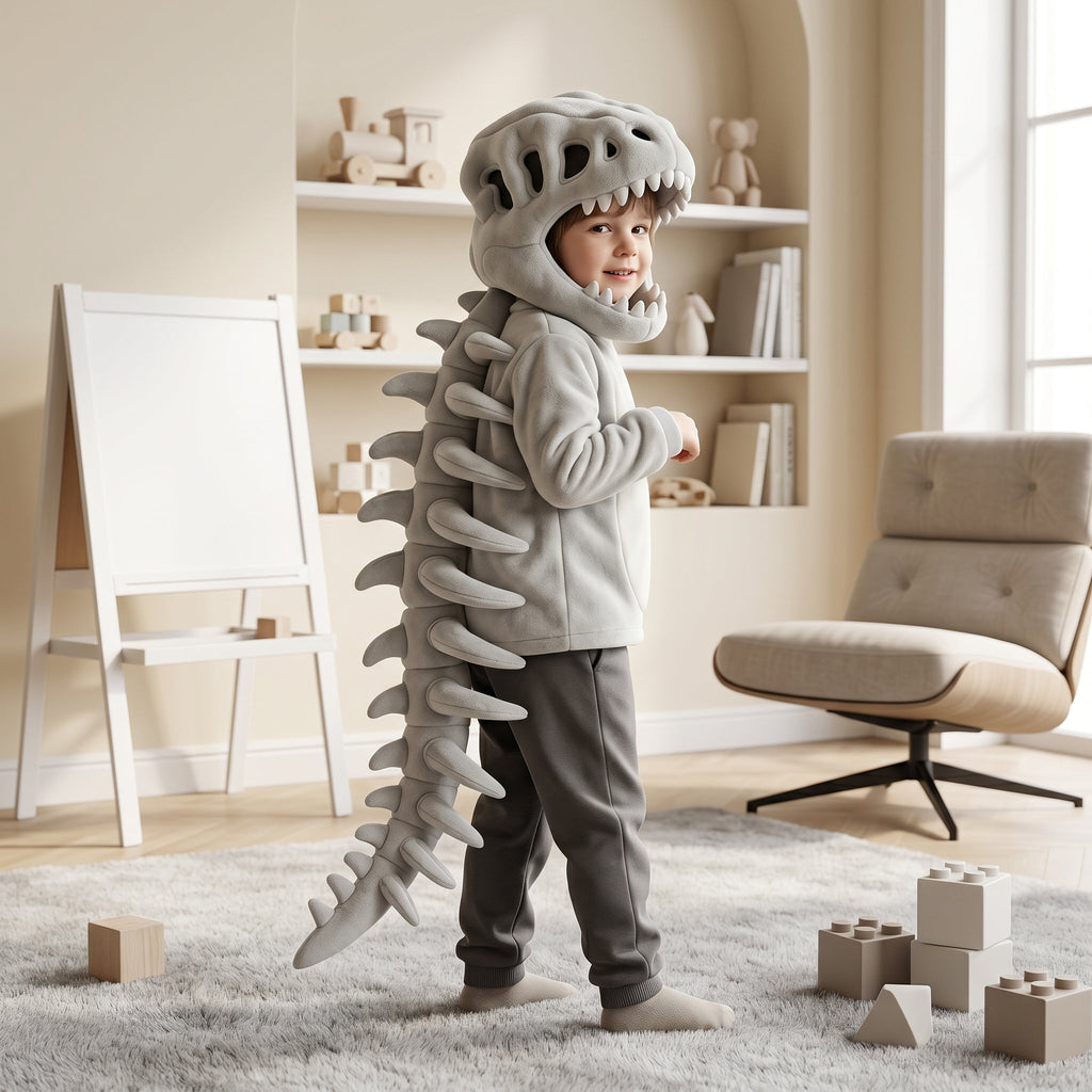 Felpa con cappuccio a dinosauro con scheletro per bambini – Costume con colonna vertebrale