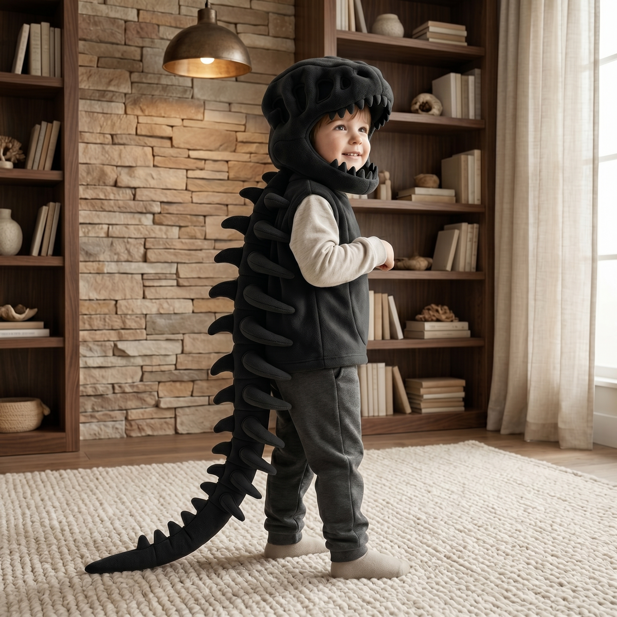 Felpa con cappuccio a dinosauro con scheletro per bambini – Costume con colonna vertebrale