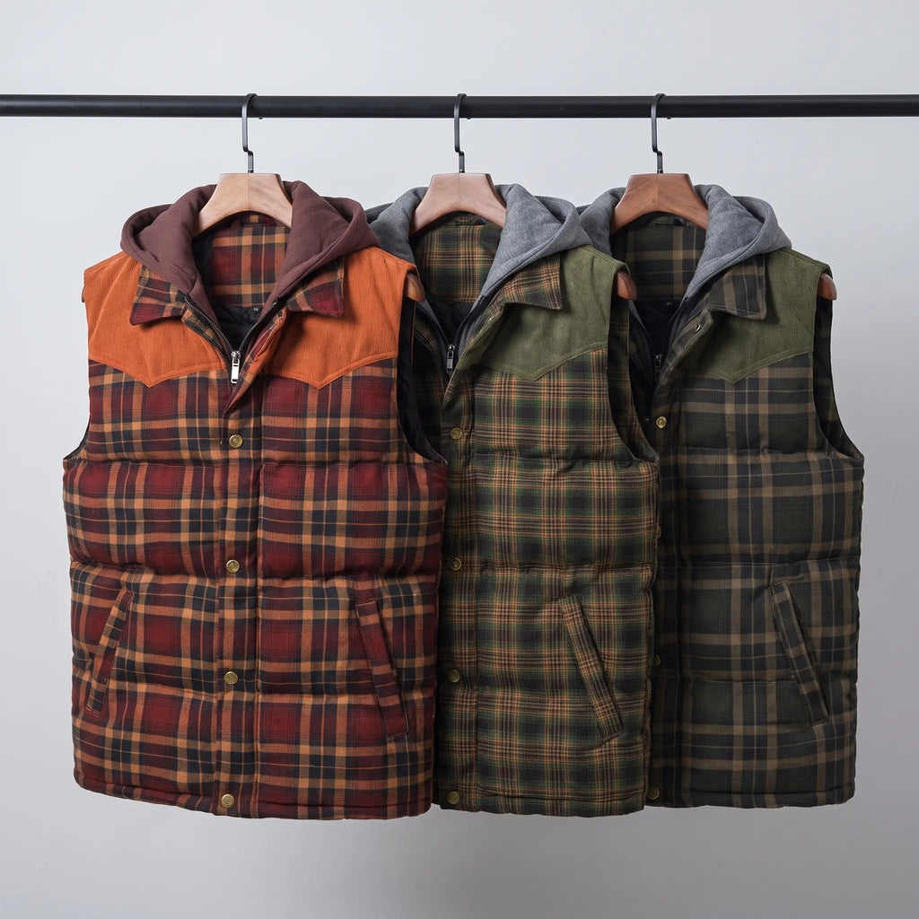 Gilet da uomo imbottito con cappuccio a quadri tartan