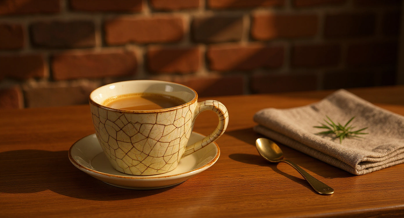 Sperindei hero lifestyle — Tazza espresso vintage avorio con crackle