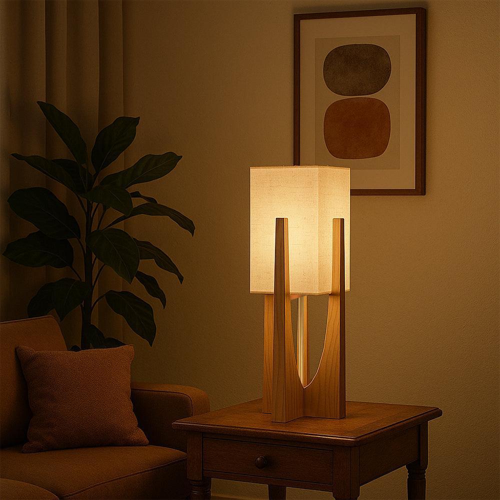 Lampada da terra Wabi Sabi con paralume in tessuto e base in legno per soggiorno