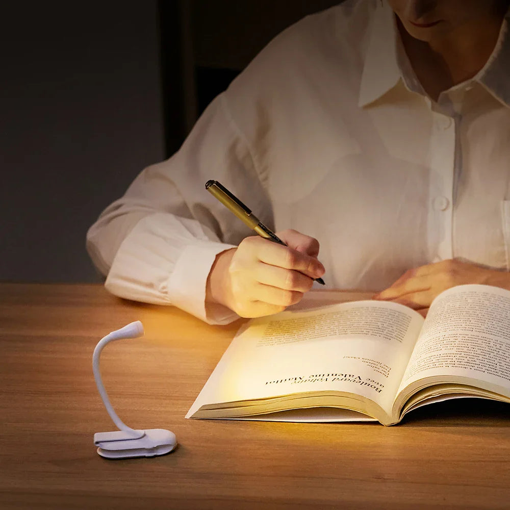 Luce da lettura con braccio flessibile e clip a molla, ricaricabile USB