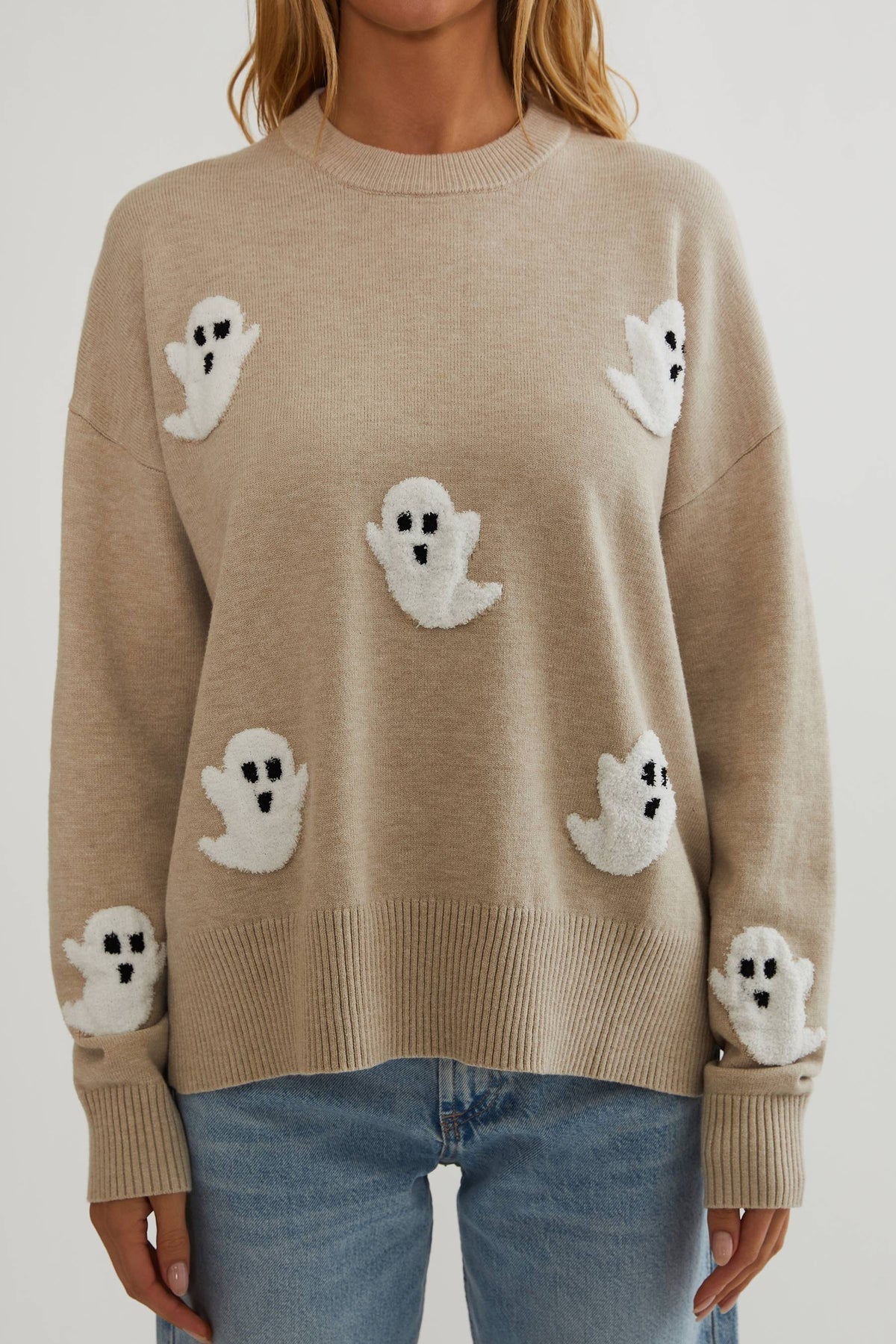 Maglione da donna in maglia con applicazioni fantasma – Maglione a maniche lunghe