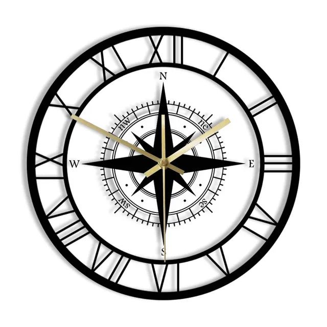 Orologio da parete con quadrante bussola e rosa dei venti, cornice in metallo