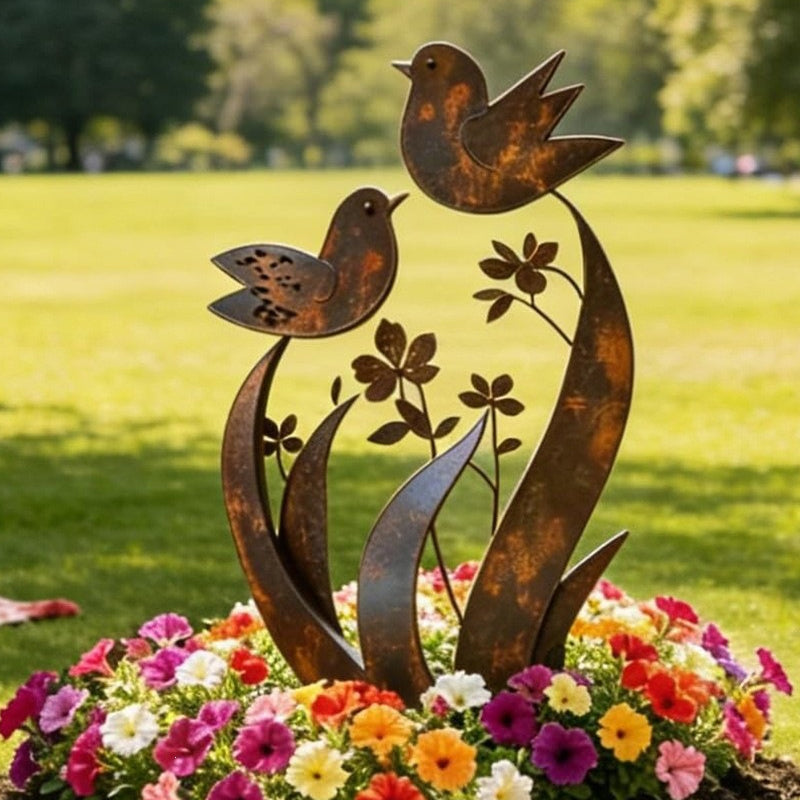 Paletto da giardino con silhouette di uccelli e fiori, finitura ferro invecchiato