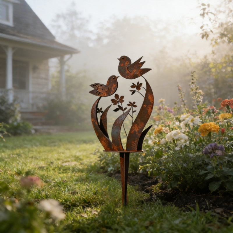 Paletto da giardino con silhouette di uccelli e fiori, finitura ferro invecchiato