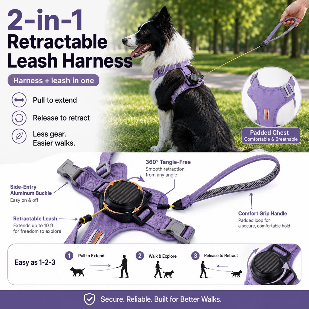 Pettorina retrattile 2 in 1 per cani con guinzaglio integrato e controllo auto-stop per cani di taglia piccola e media