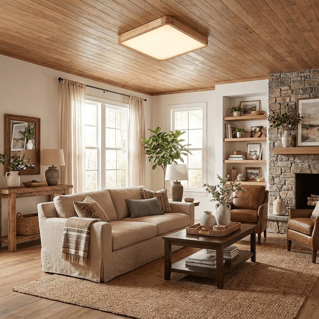 Plafoniera LED geometrica in legno a filo soffitto