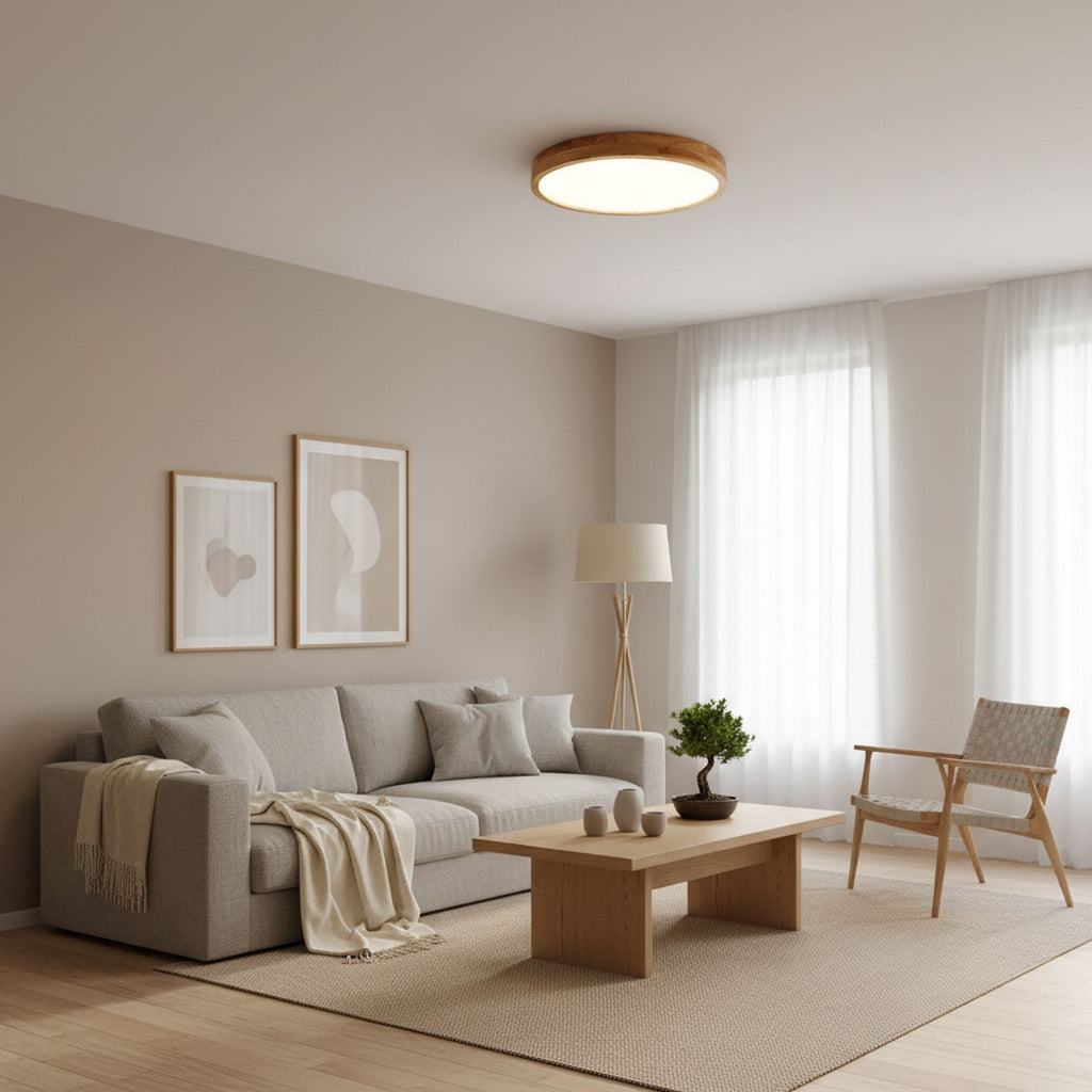 Plafoniera LED geometrica in legno a filo soffitto
