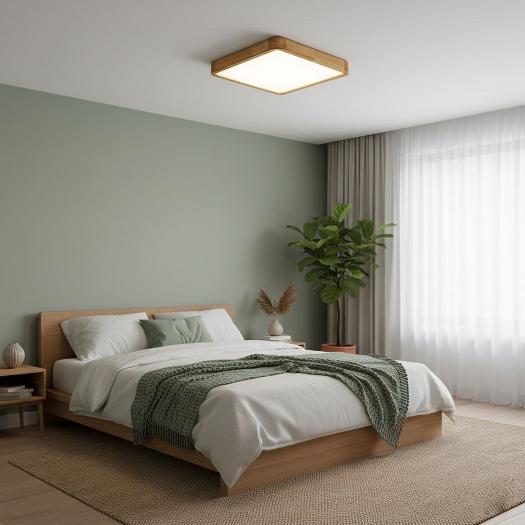 Plafoniera LED geometrica in legno a filo soffitto