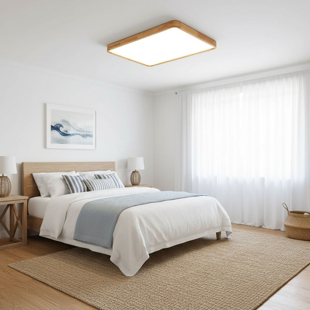 Plafoniera LED geometrica in legno a filo soffitto