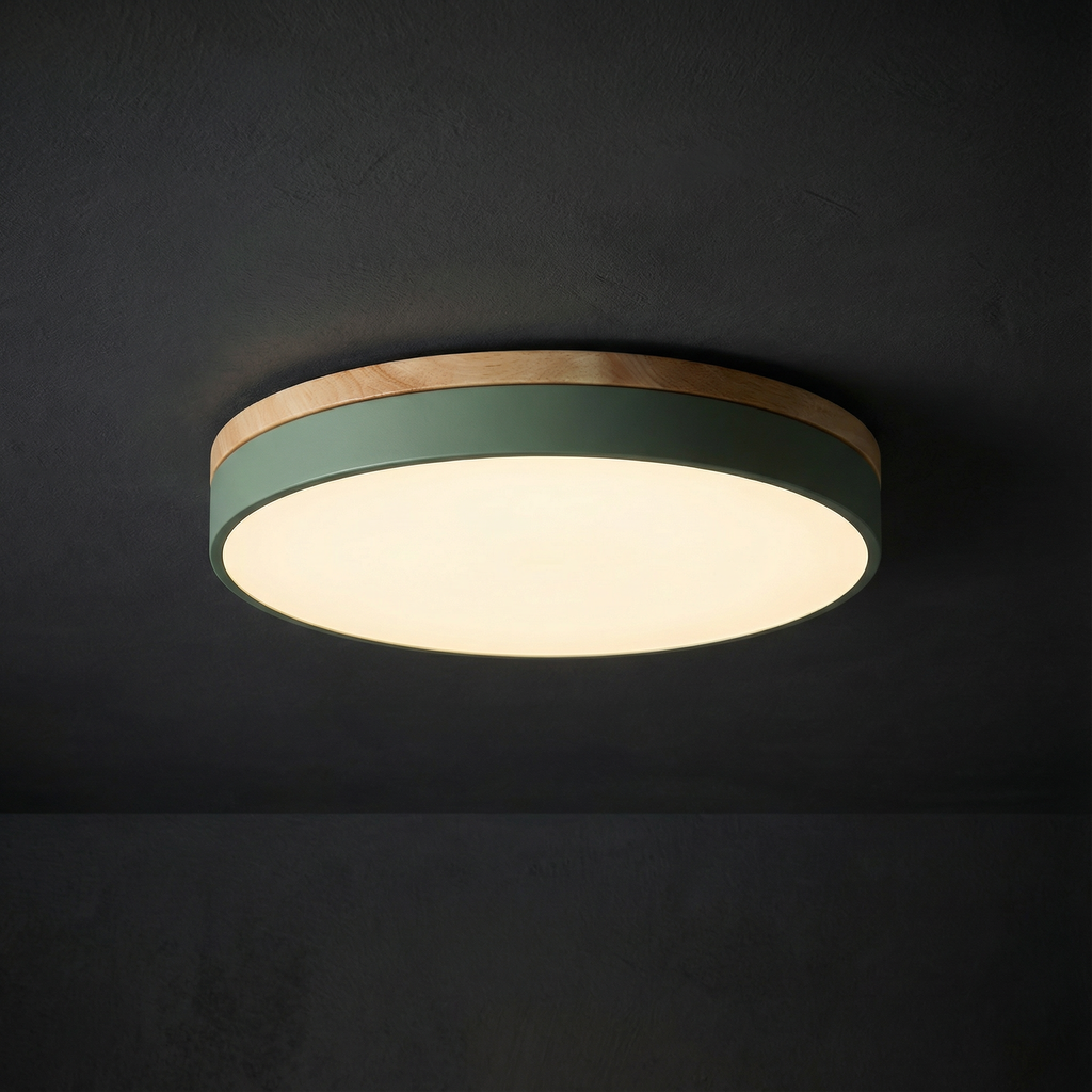 Plafoniera rotonda a filo soffitto con finitura in legno