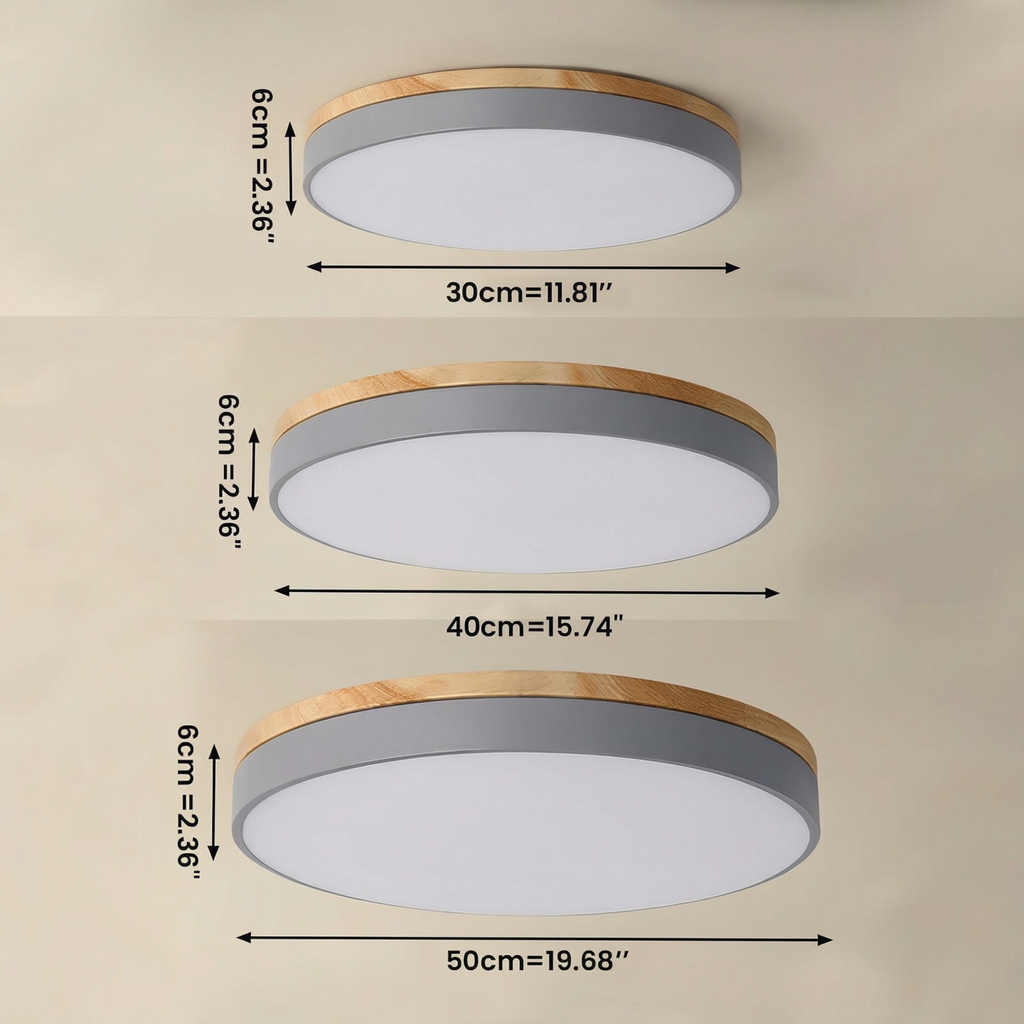 Plafoniera rotonda a filo soffitto con finitura in legno