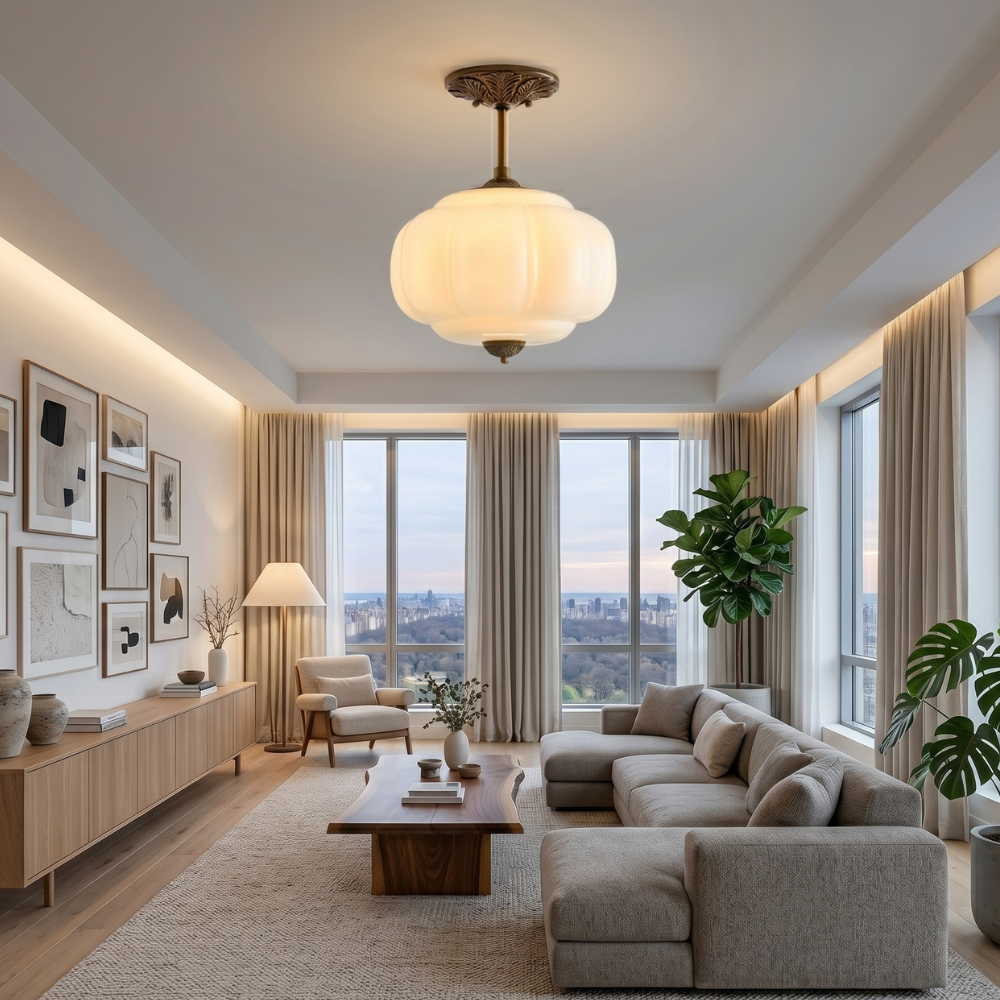 Plafoniera vintage in vetro con dettagli in ottone, elegante lampada a soffitto