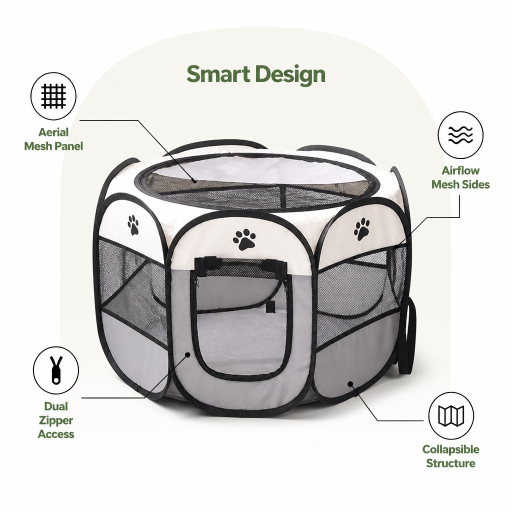 Tenda pop-up pieghevole in rete per animali domestici (con porte con cerniera)