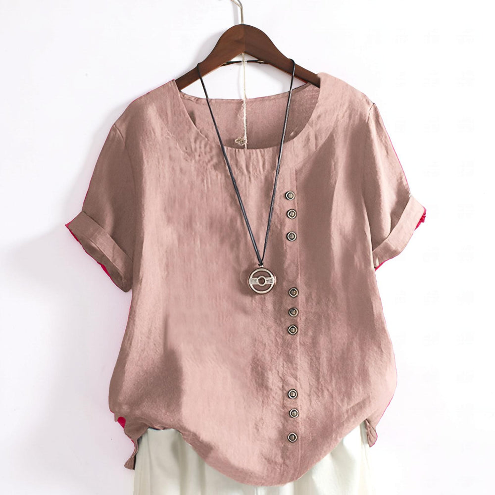 Top donna casual a maniche corte con bottoni e collo rotondo