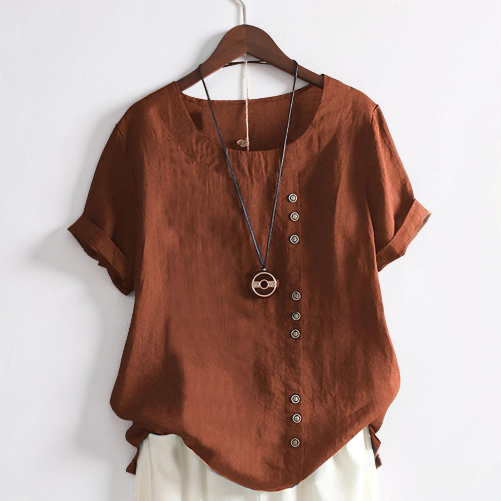 Top donna casual a maniche corte con bottoni e collo rotondo