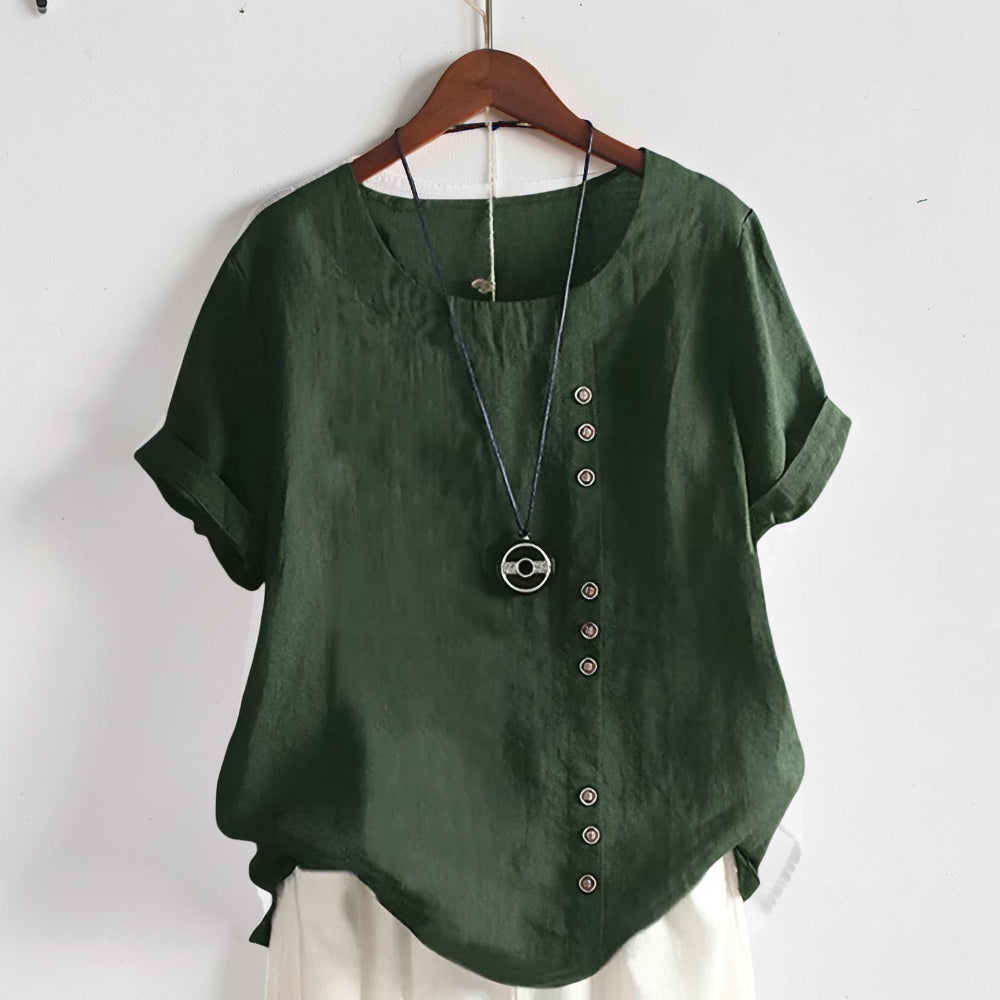 Top donna casual a maniche corte con bottoni e collo rotondo