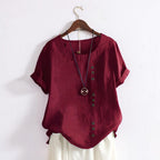 Top donna casual a maniche corte con bottoni e collo rotondo