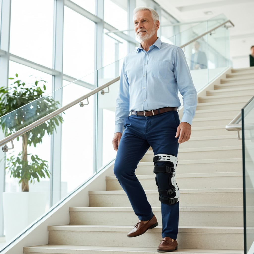 Tutore per ginocchio – supporto scaricante con stabilizzazione regolabile, destro o sinistro, taglia unica – ArthroGuard