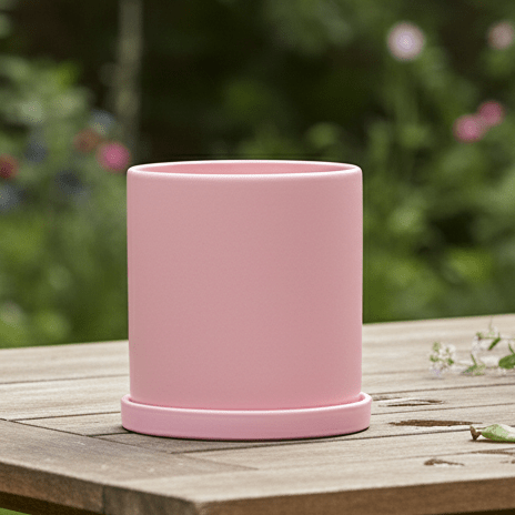 Vaso per piante in ceramica smaltata opaca con foro di drenaggio e sottovaso