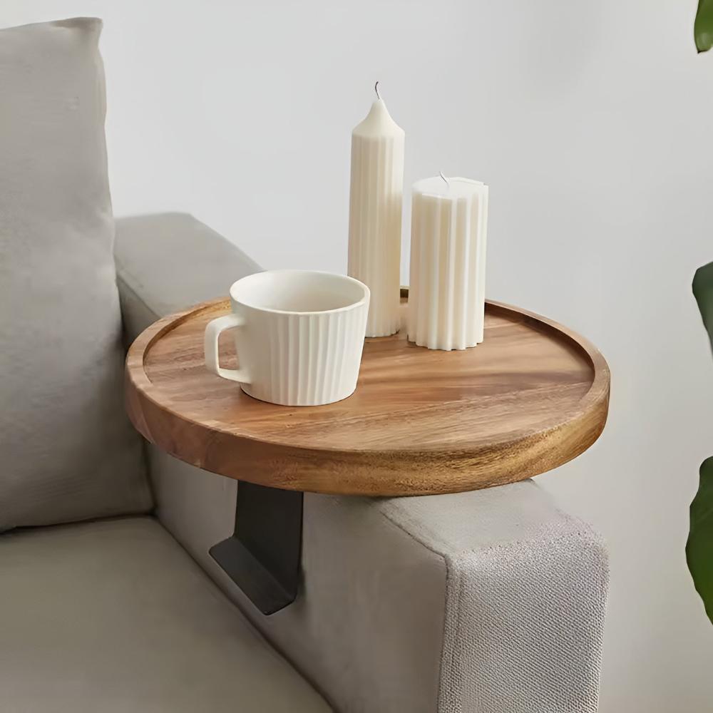 Vassoio per bracciolo divano | Legno massello e clip regolabile | Diametro 30 cm