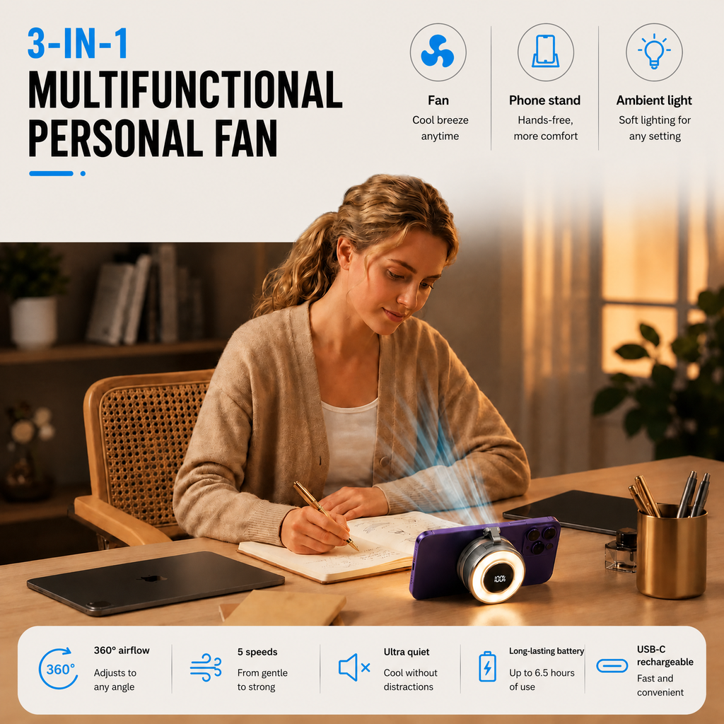 Ventilatore magnetico compatto con raffreddamento a 360 gradi e luce LED portatile
