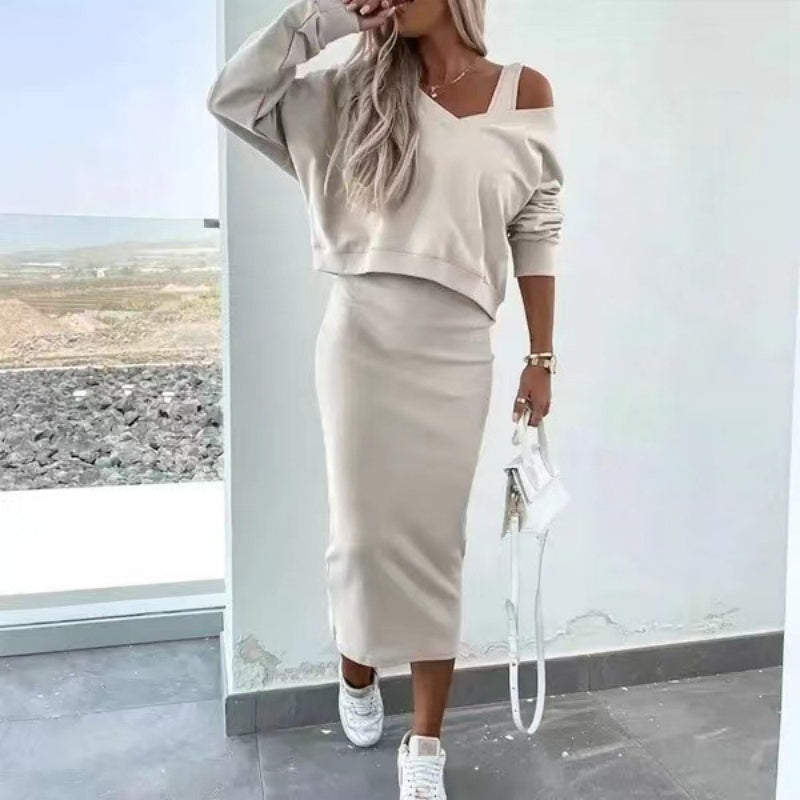 Set da 2 pezzi da donna - Stilvolles Kleid & Bequemer Pullover für Jeden Anlass