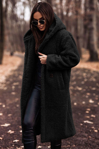 Elegante cappotto Teddy lungo con cappuccio
