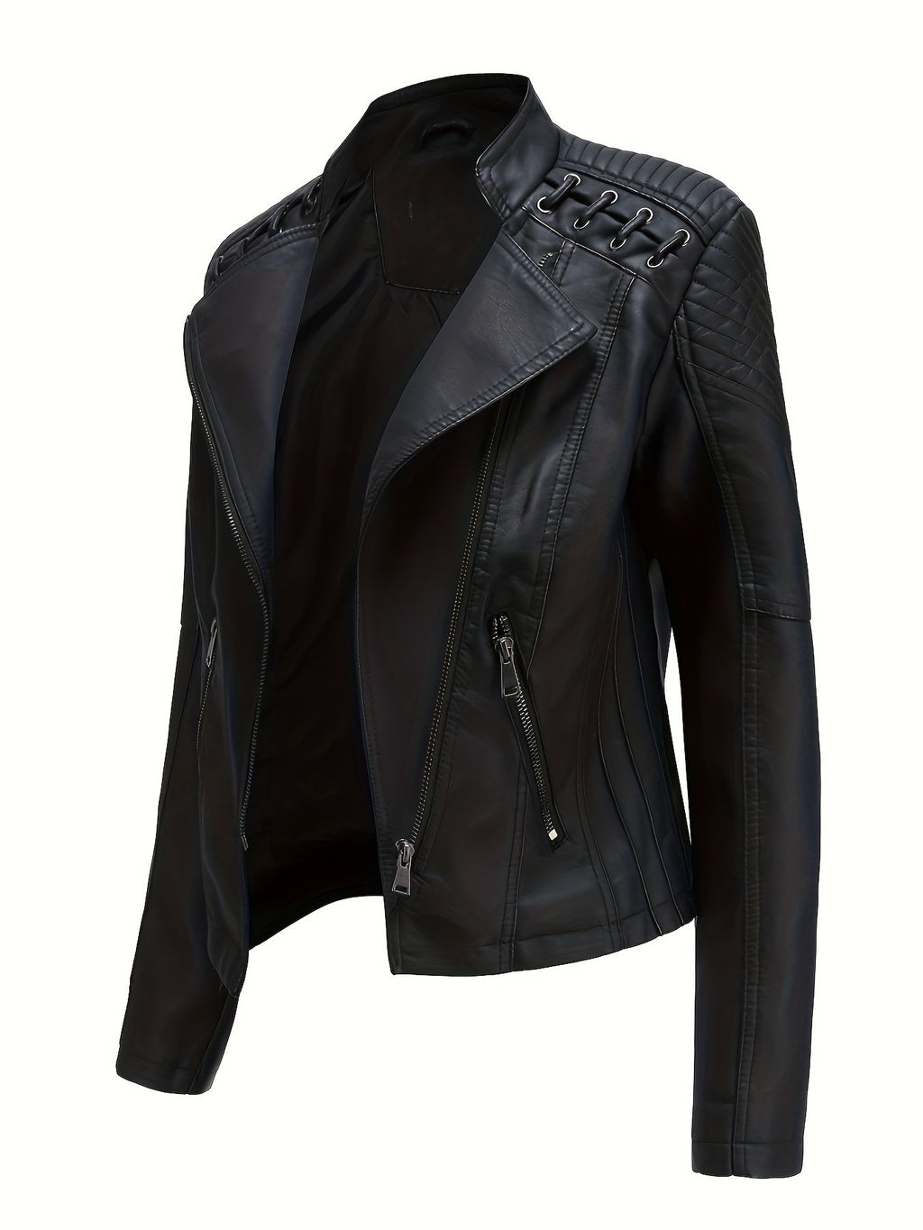 Giacca da moto tagliente da donna con spalle borchiate e cerniera asimmetrica