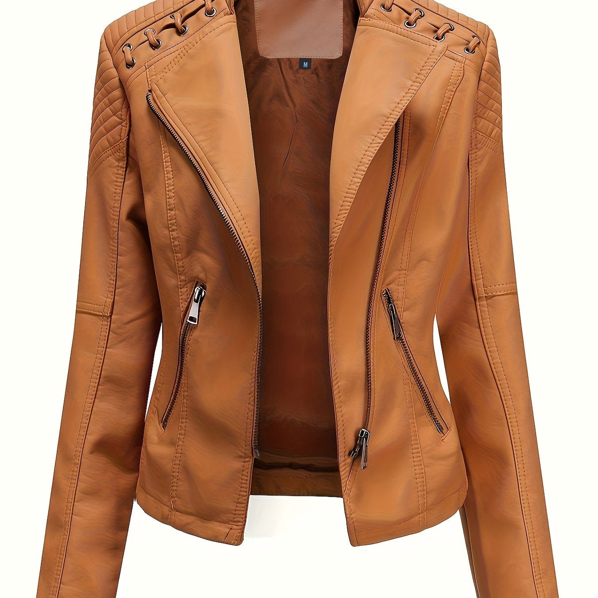 Giacca da moto tagliente da donna con spalle borchiate e cerniera asimmetrica