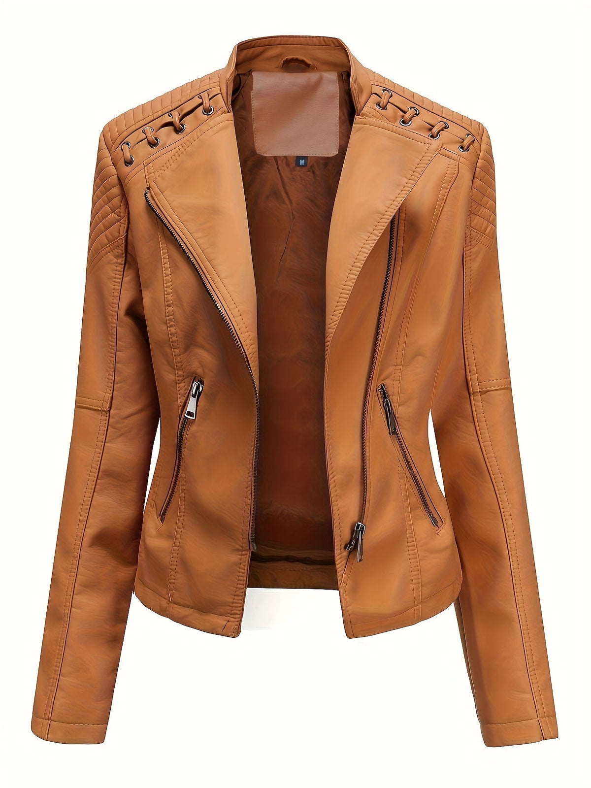 Giacca da moto tagliente da donna con spalle borchiate e cerniera asimmetrica