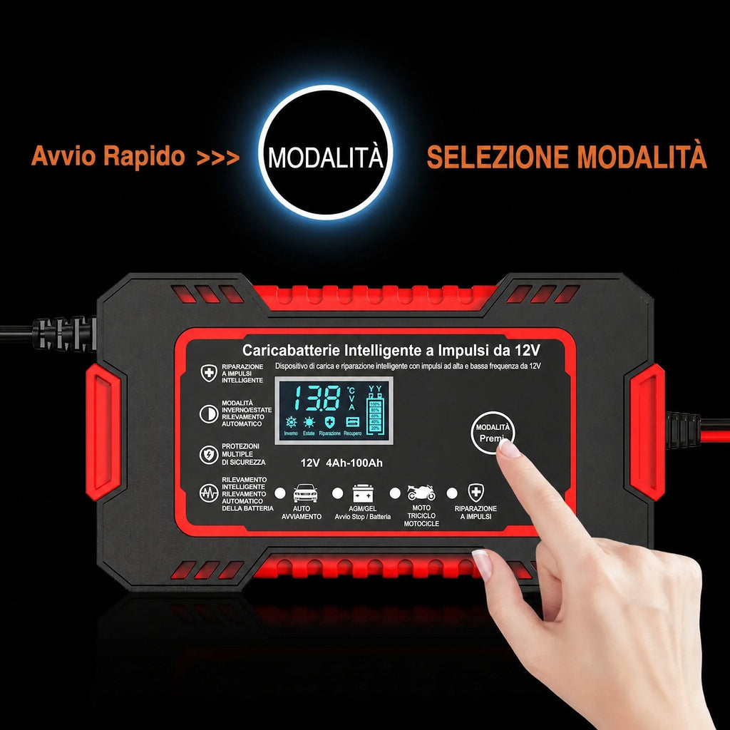 Caricabatterie intelligente 12V 6A con riparazione a impulsi e display LCD per batterie auto e moto