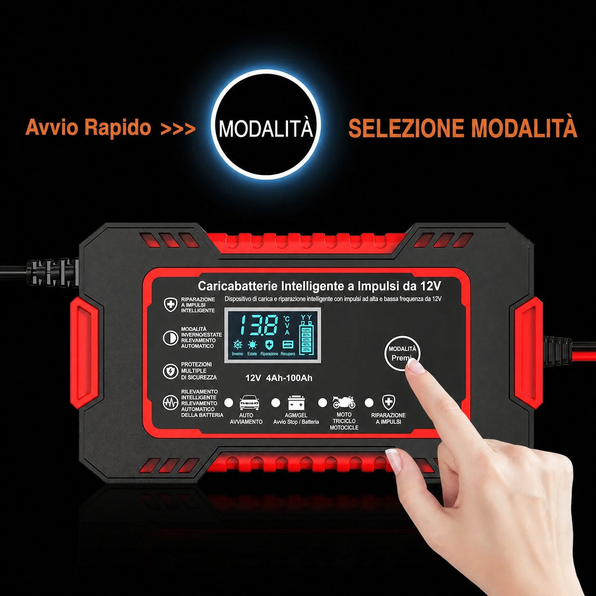 Caricabatterie intelligente 12V 6A con riparazione a impulsi e display LCD per batterie auto e moto