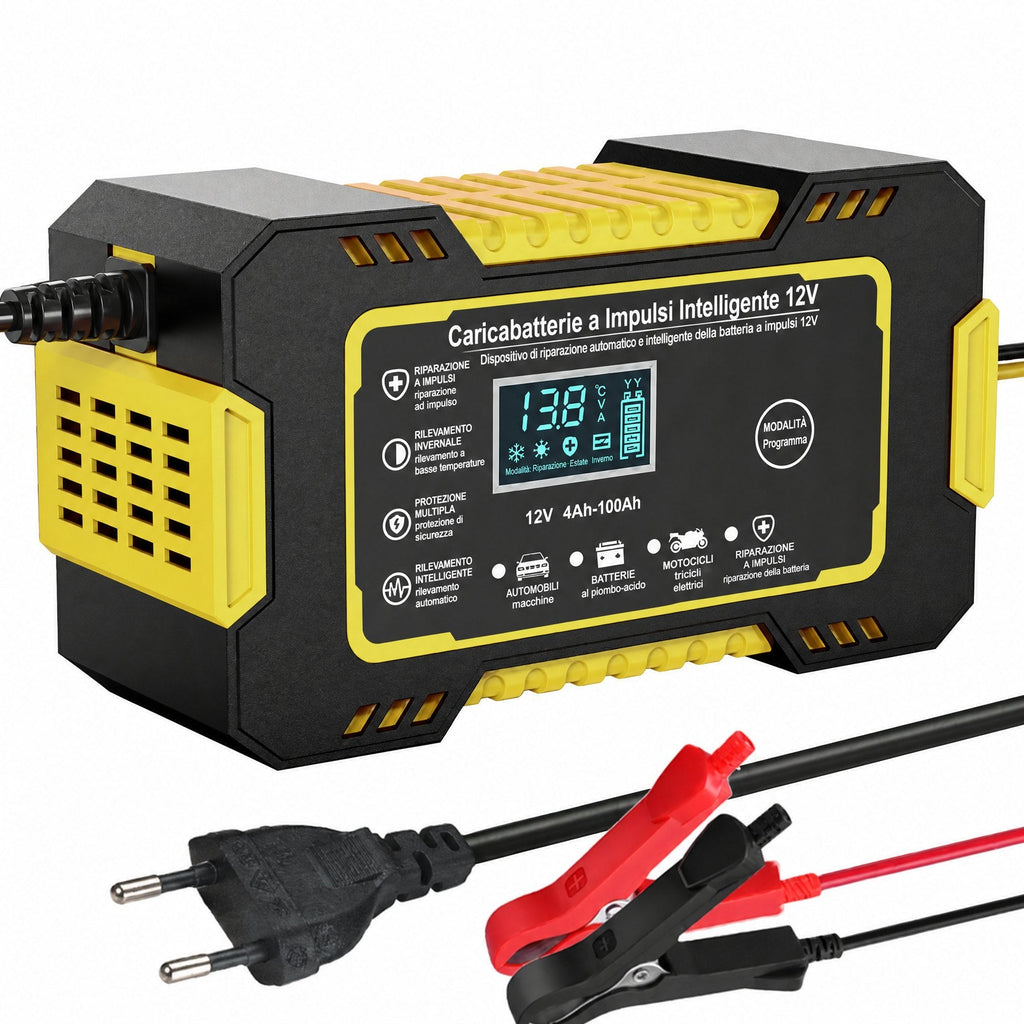 Caricabatterie intelligente 12V 6A con riparazione a impulsi e display LCD per batterie auto e moto