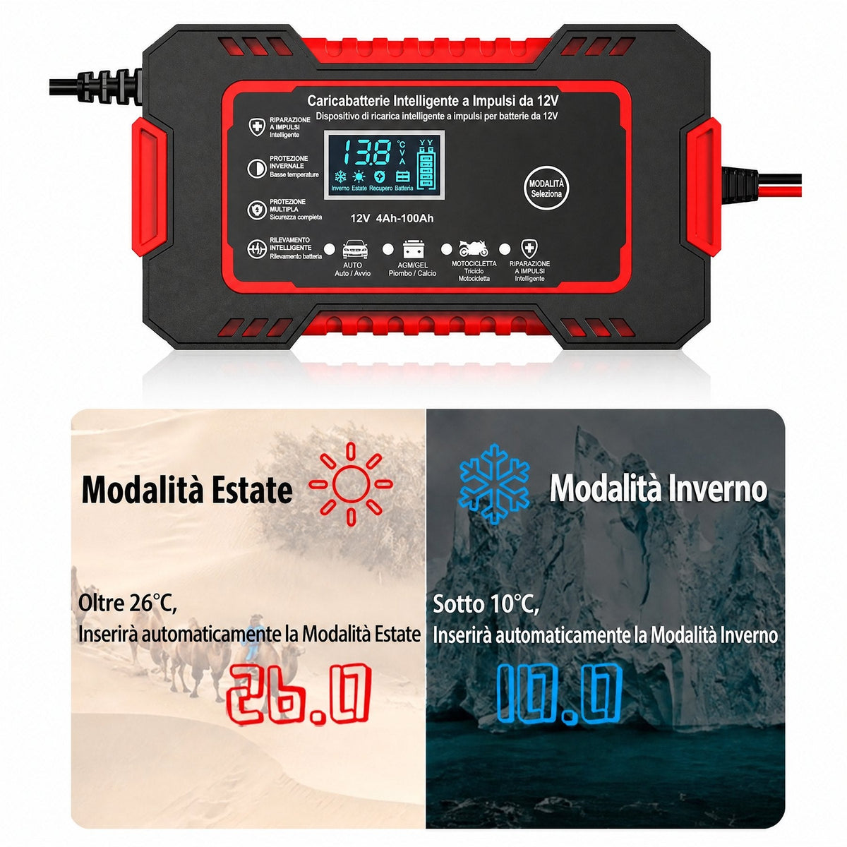 Caricabatterie intelligente 12V 6A con riparazione a impulsi e display LCD per batterie auto e moto