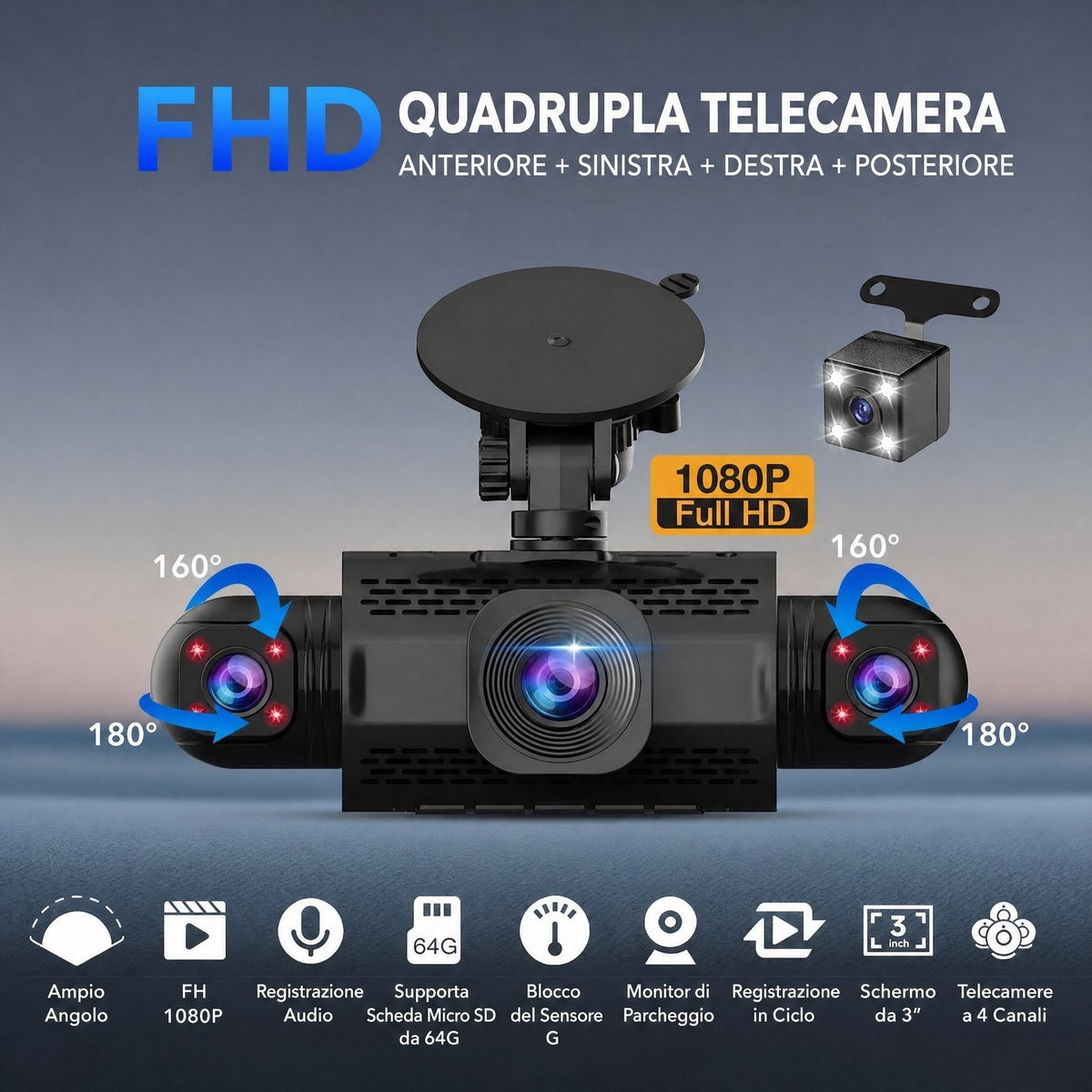 Telecamera per auto 4 canali FHD con visione a 360°