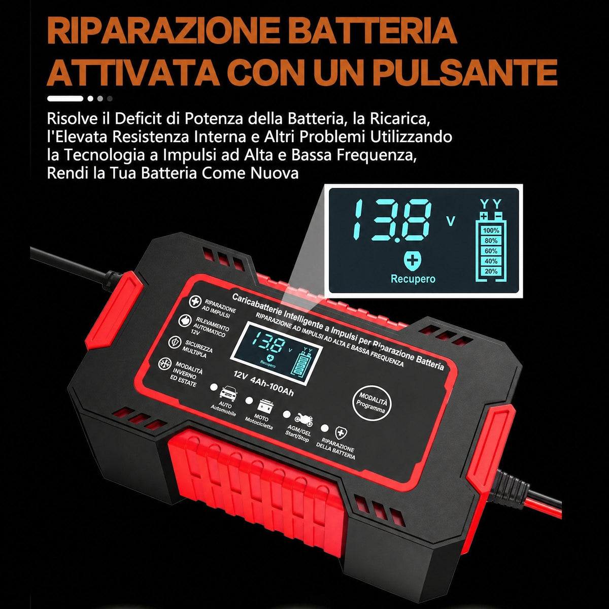 Caricabatterie intelligente 12V 6A con riparazione a impulsi e display LCD per batterie auto e moto
