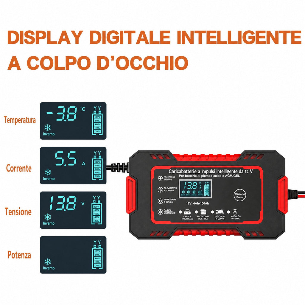 Caricabatterie intelligente 12V 6A con riparazione a impulsi e display LCD per batterie auto e moto