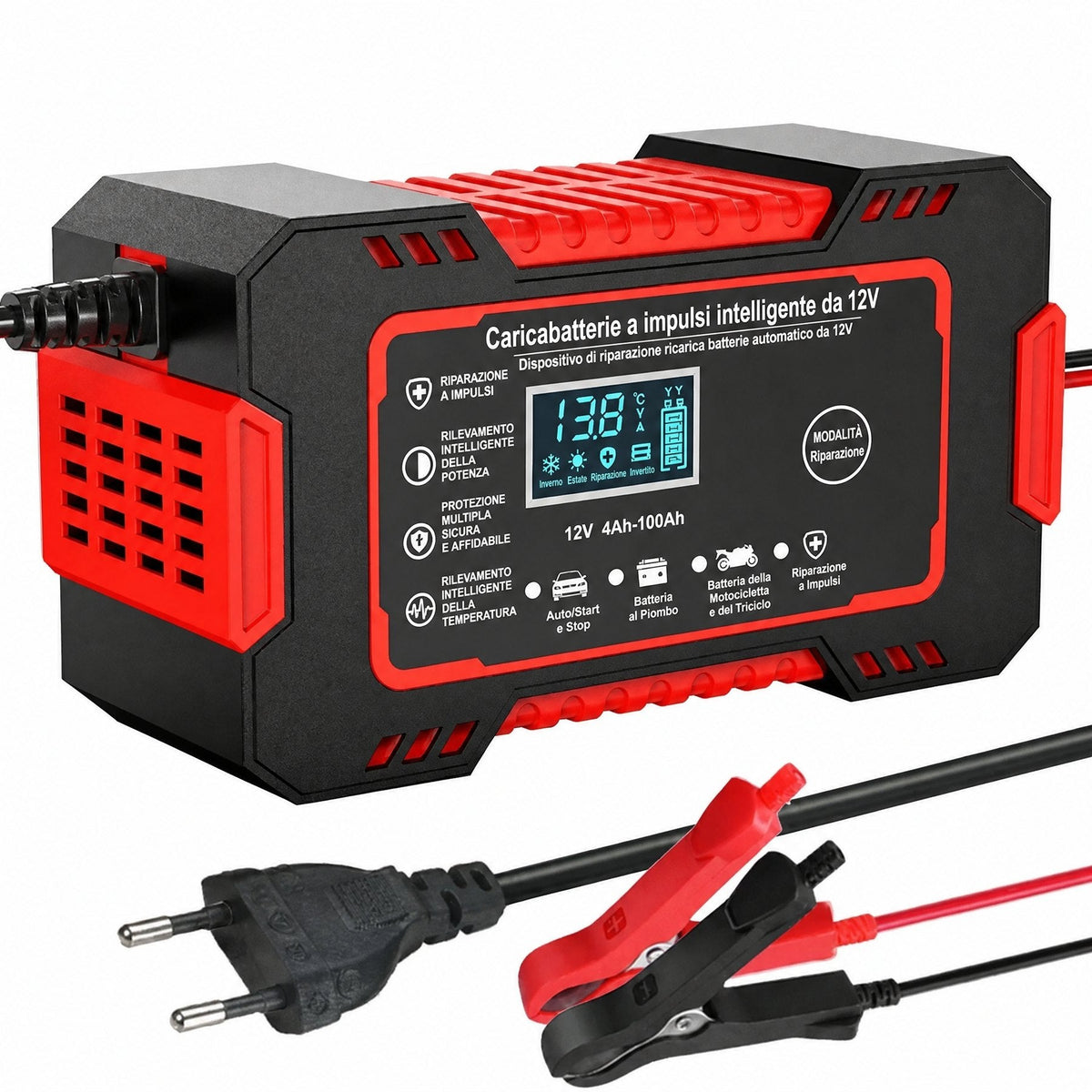 Caricabatterie intelligente 12V 6A con riparazione a impulsi e display LCD per batterie auto e moto