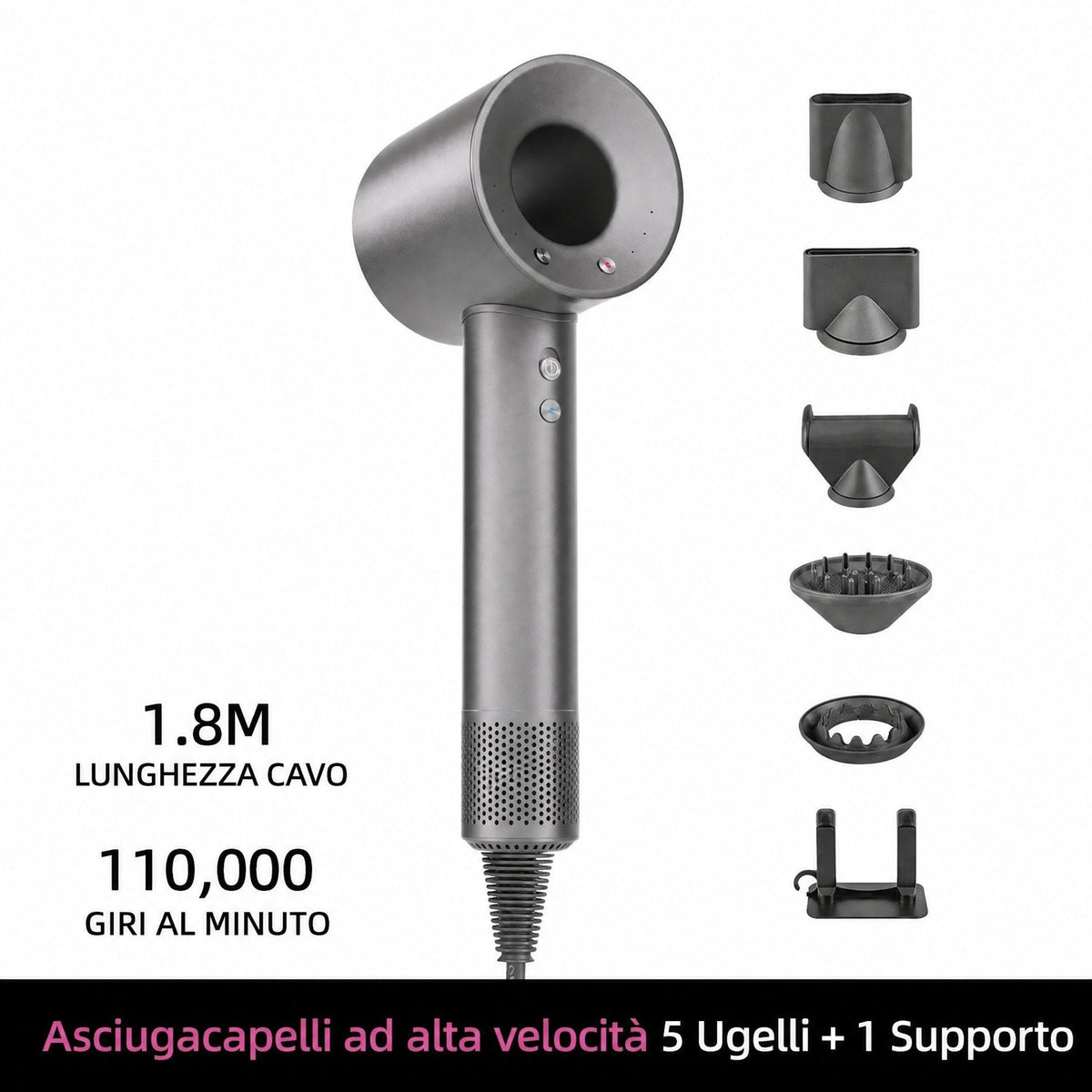 Asciugacapelli ionico con 200 milioni di ioni negativi e controllo intelligente della temperatura