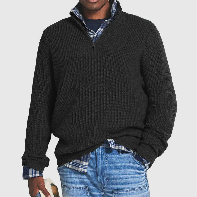 Maglione pullover in lana a coste con zip a un quarto