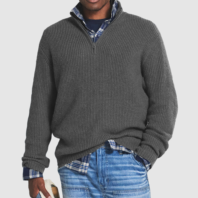 Maglione pullover in lana a coste con zip a un quarto