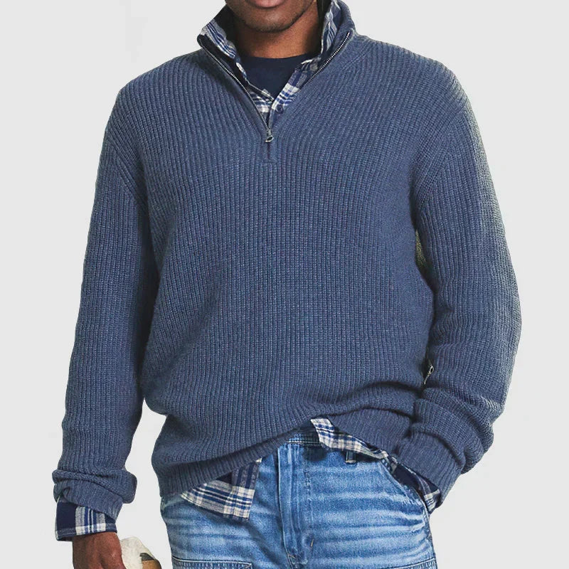 Maglione pullover in lana a coste con zip a un quarto