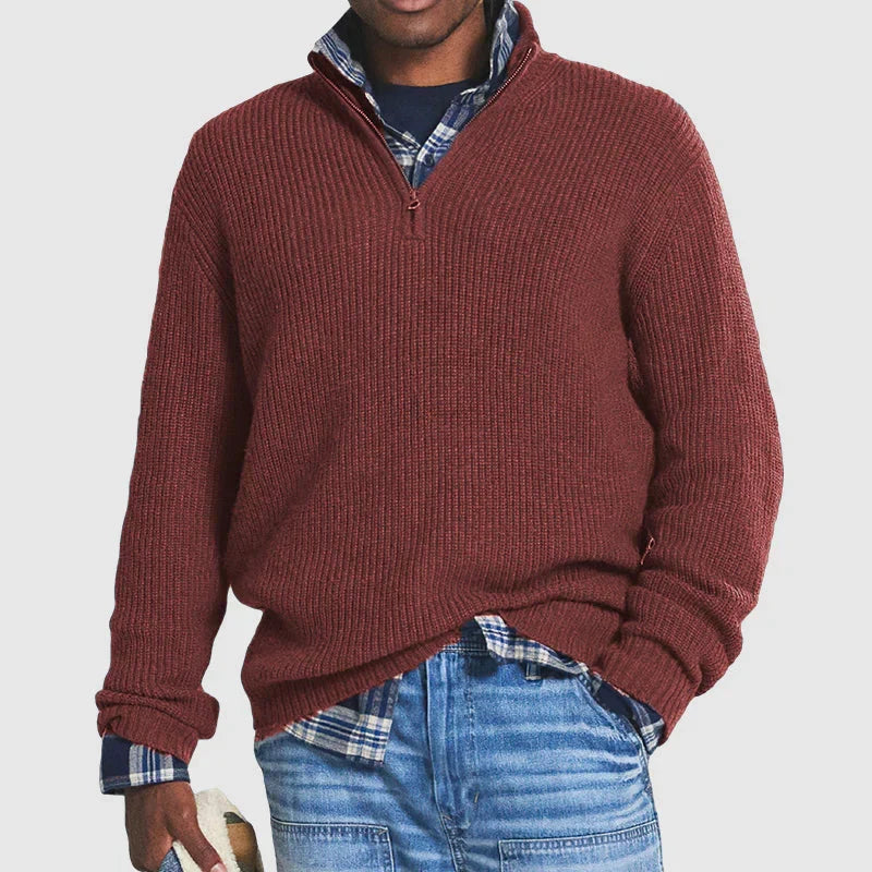 Maglione pullover in lana a coste con zip a un quarto