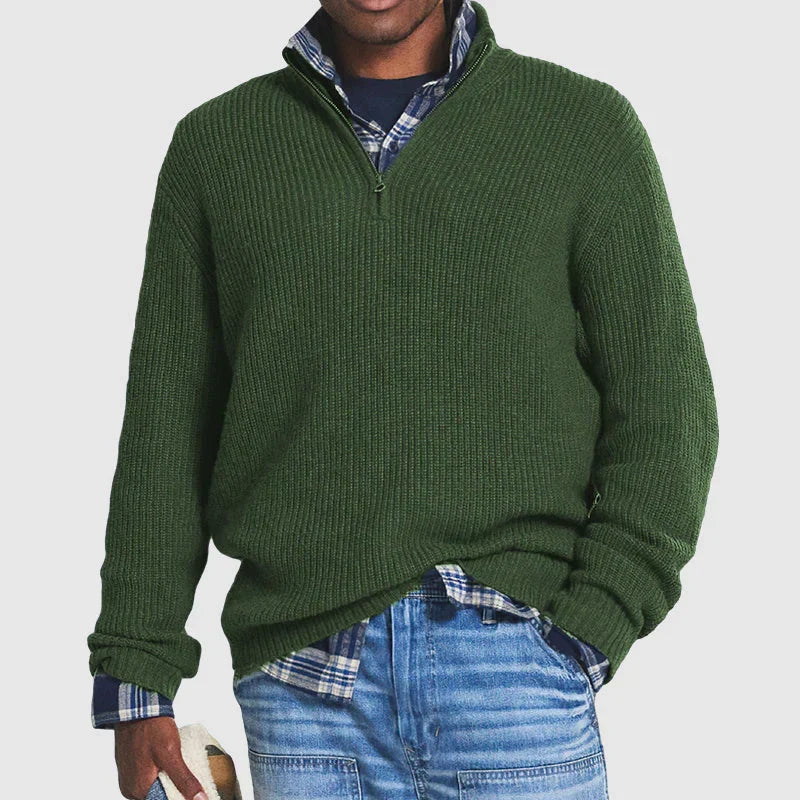 Maglione pullover in lana a coste con zip a un quarto