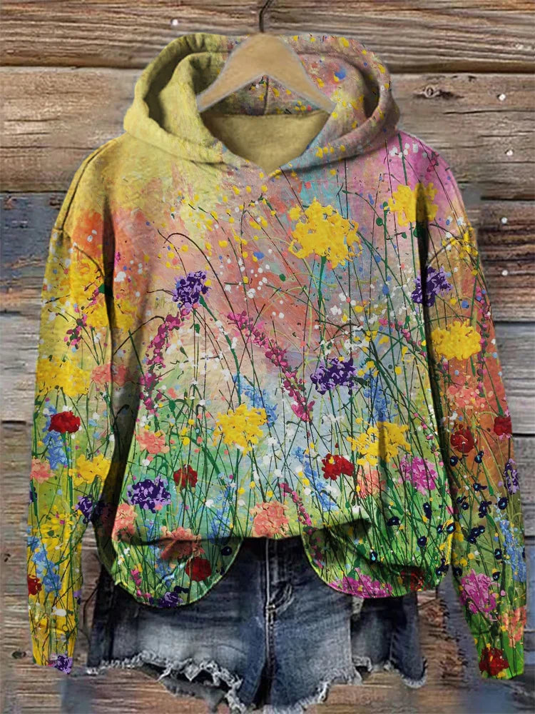 Felpa con cappuccio con stampa floreale artistica da donna per uno stile creativo