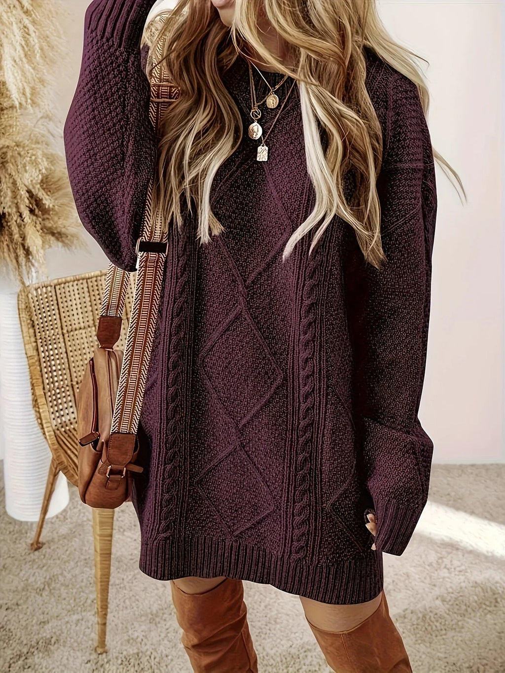Abito maglione oversize in maglia a trecce da donna